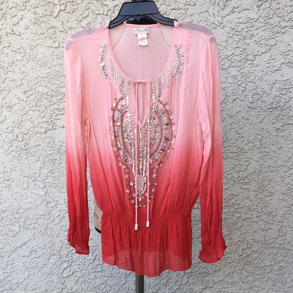 Ludi Ombré Gradient Red Pink Dip Dyed Embellished Beaded Sequin Blouse Shirt 👚